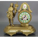 A 19th century French figural mantel clock by Brevet, the 3” green enamel dial with floral