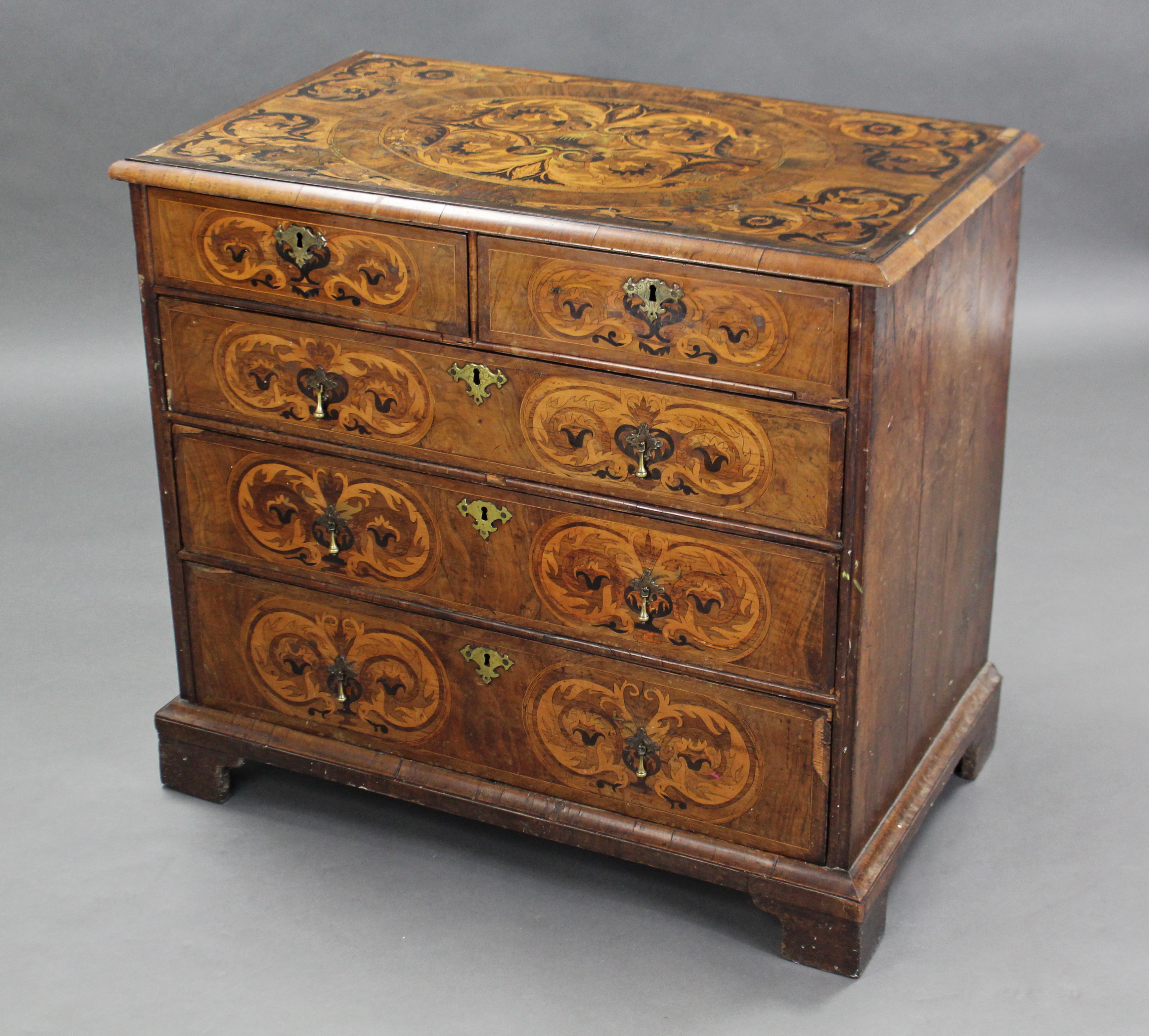 A WILLIAM & MARY WALNUT-VENEERED MARQUETRY CHEST, the quarter-veneered top with moulded edge & - Image 4 of 7