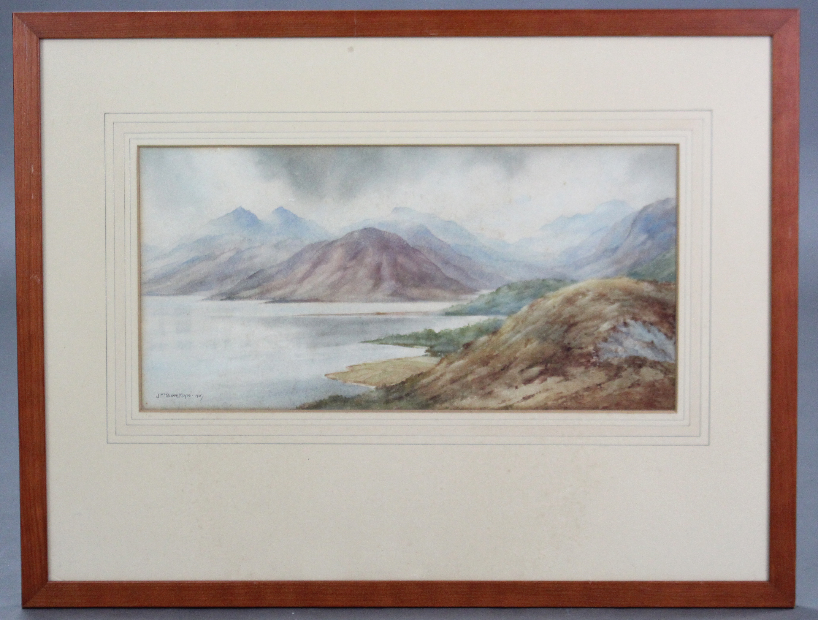 J. McQUEEN MOYES (early 20th century). A highland scene with lake to the fore, mountains beyond. - Image 2 of 3