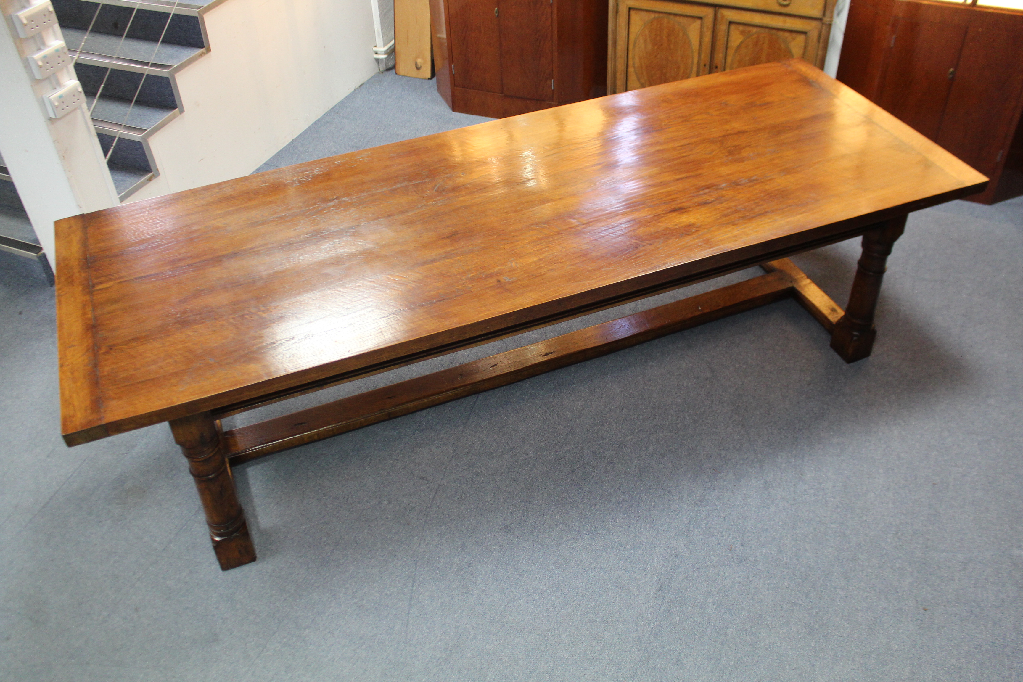 A LARGE 17th century STYLE OAK REFECTORY TABLE, the plain rectangular top with cleated ends above - Image 2 of 6