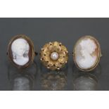 Two modern 9ct. gold rings, each set carved shell cameo depicting a female bust, both size: N; & a