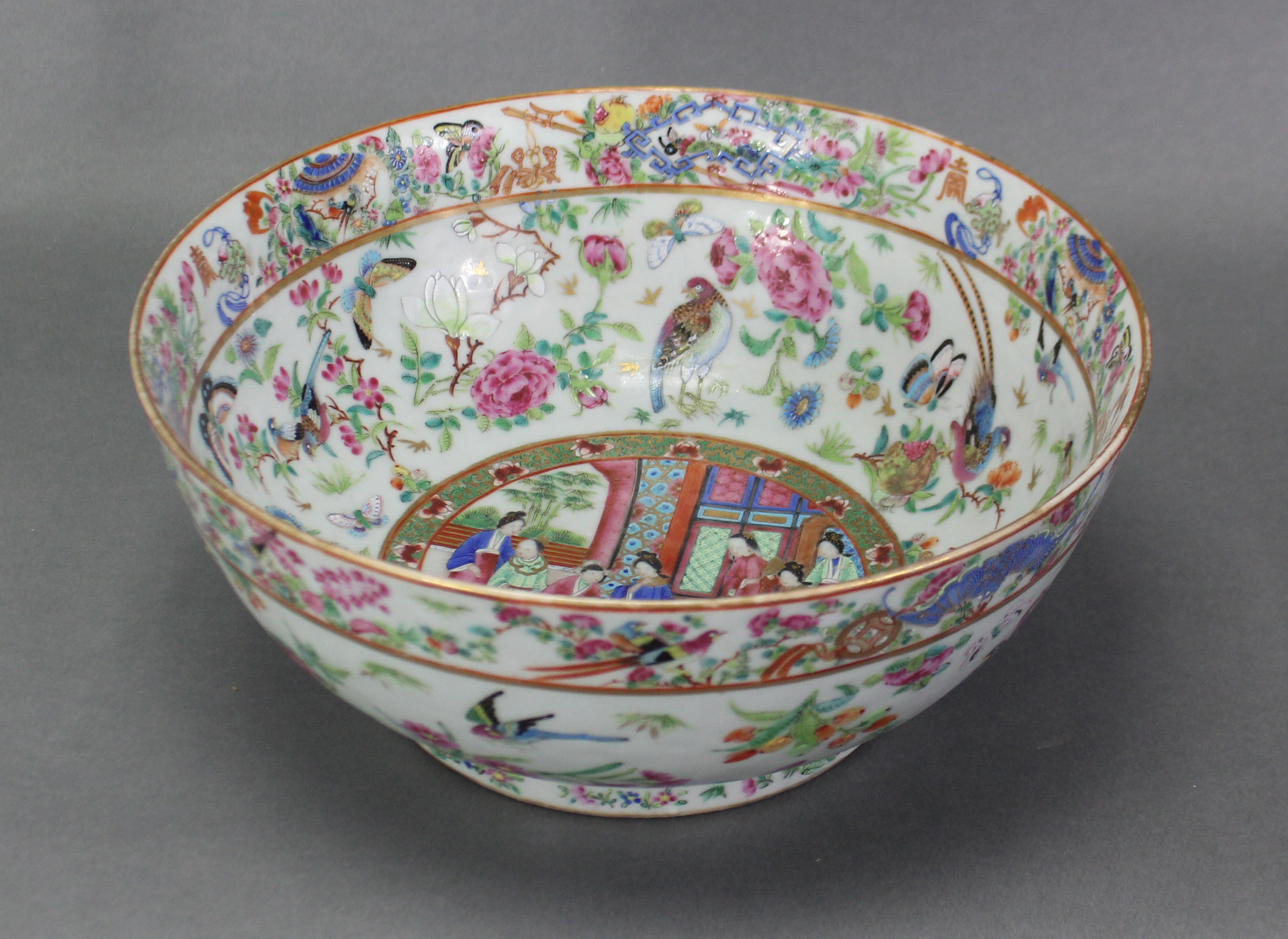 A 19th century Cantonese porcelain punch bowl, of celadon ground & with all-over famille rose - Image 3 of 7