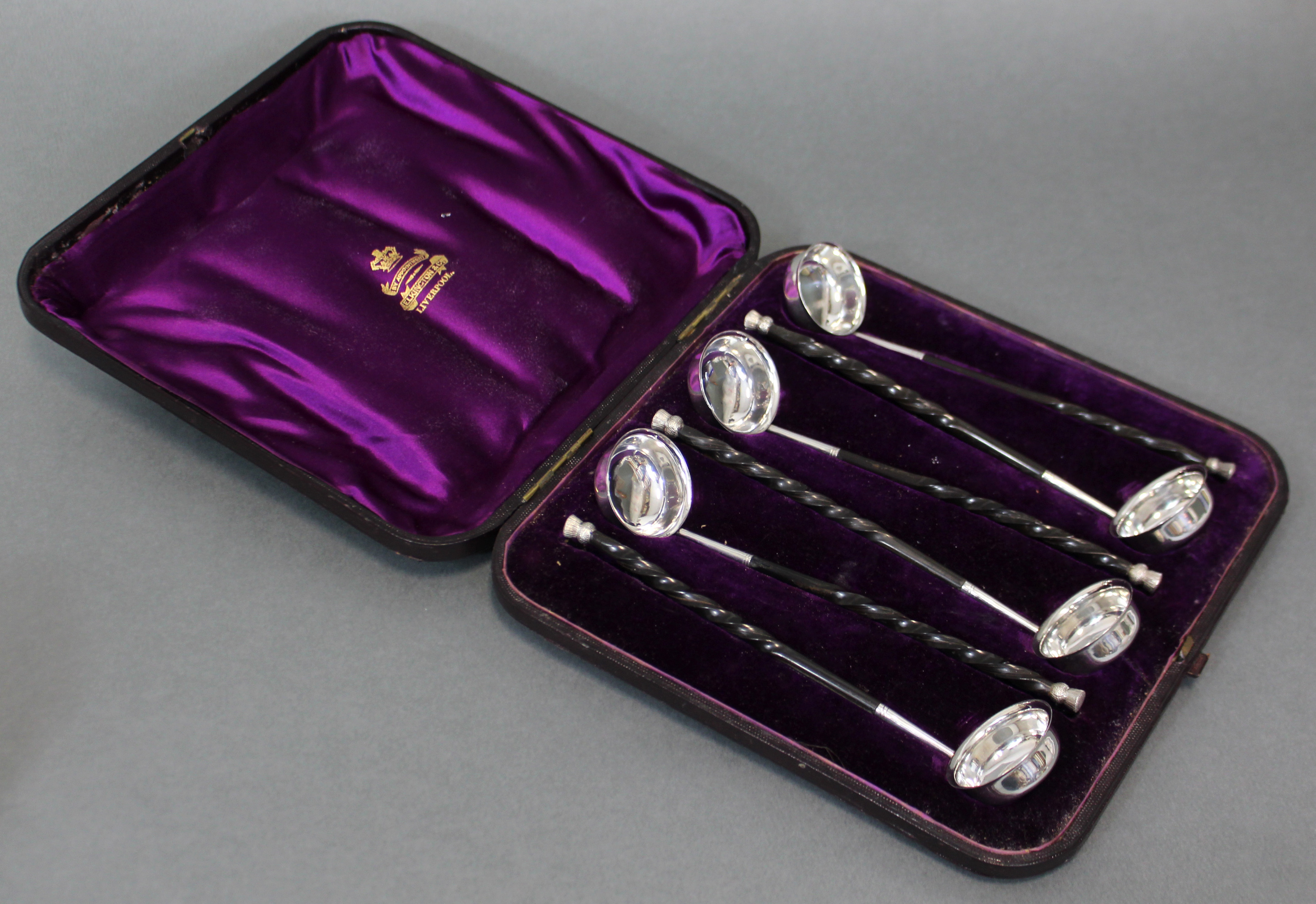 A SET OF SIX VICTORIAN SILVER TODDY LADLES with small round bowls & thistle terminals to the - Image 5 of 6