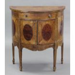 A Sheraton style inlaid mahogany demi-lune small side cabinet, fitted frieze drawer with brass
