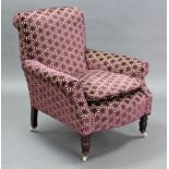 A Victorian armchair upholstered modern chequered mauve & ivory material, on short turned legs