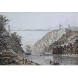 A 19th century coloured lithograph depicting Clifton suspension bridge from the river Avon, with