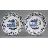 A PAIR OF 18th century BRISTOL DELFT LARGE DISHES, Limekiln Lane Pottery, circa 1740, each decorated