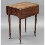 A regency mahogany crossbanded small drop-leaf table fitted two graduated drawers with turned wooden