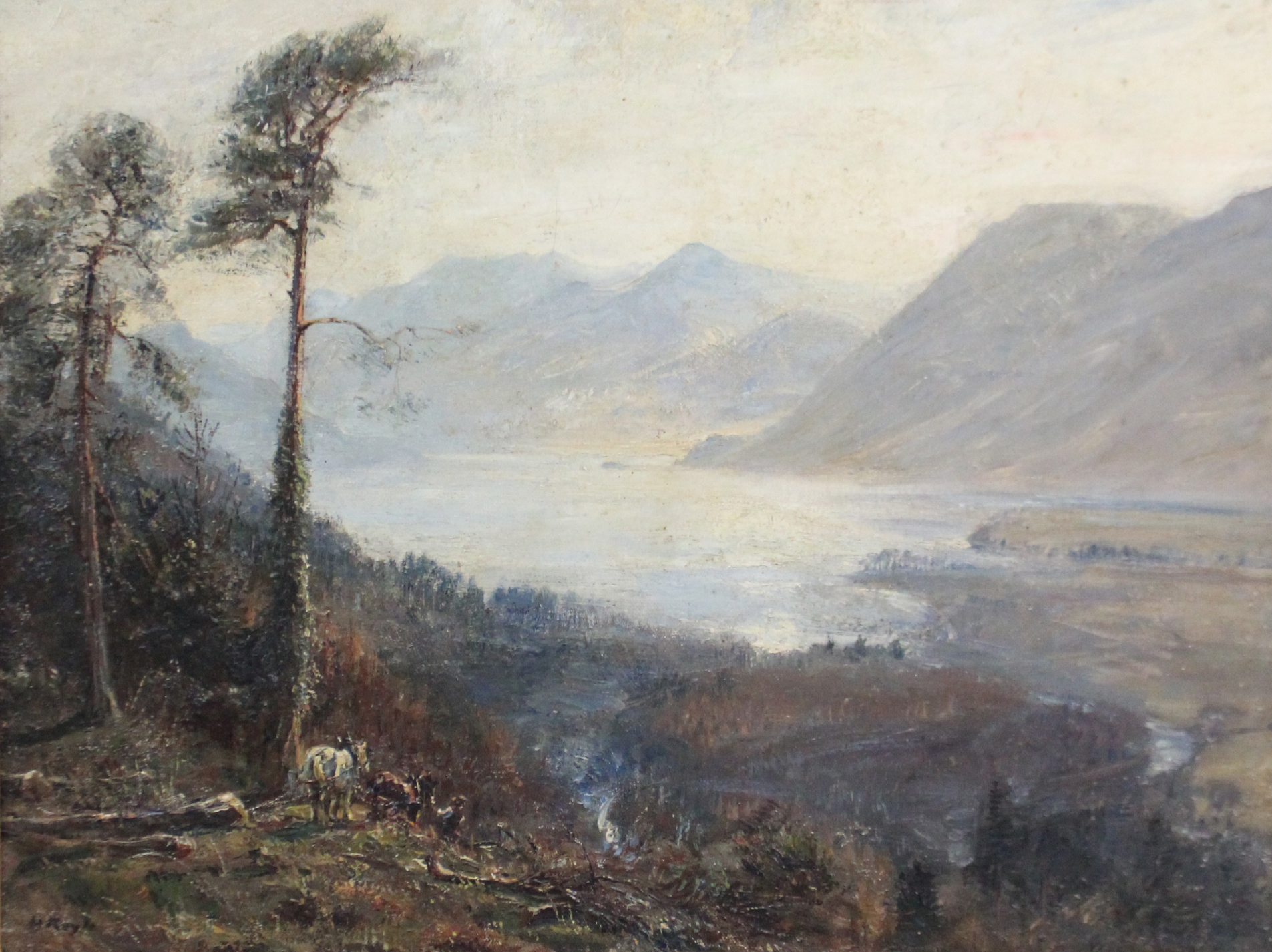 HERBERT F. ROYLE (Manchester 1870-1958). A mountainous landscape with figure leading horses down a