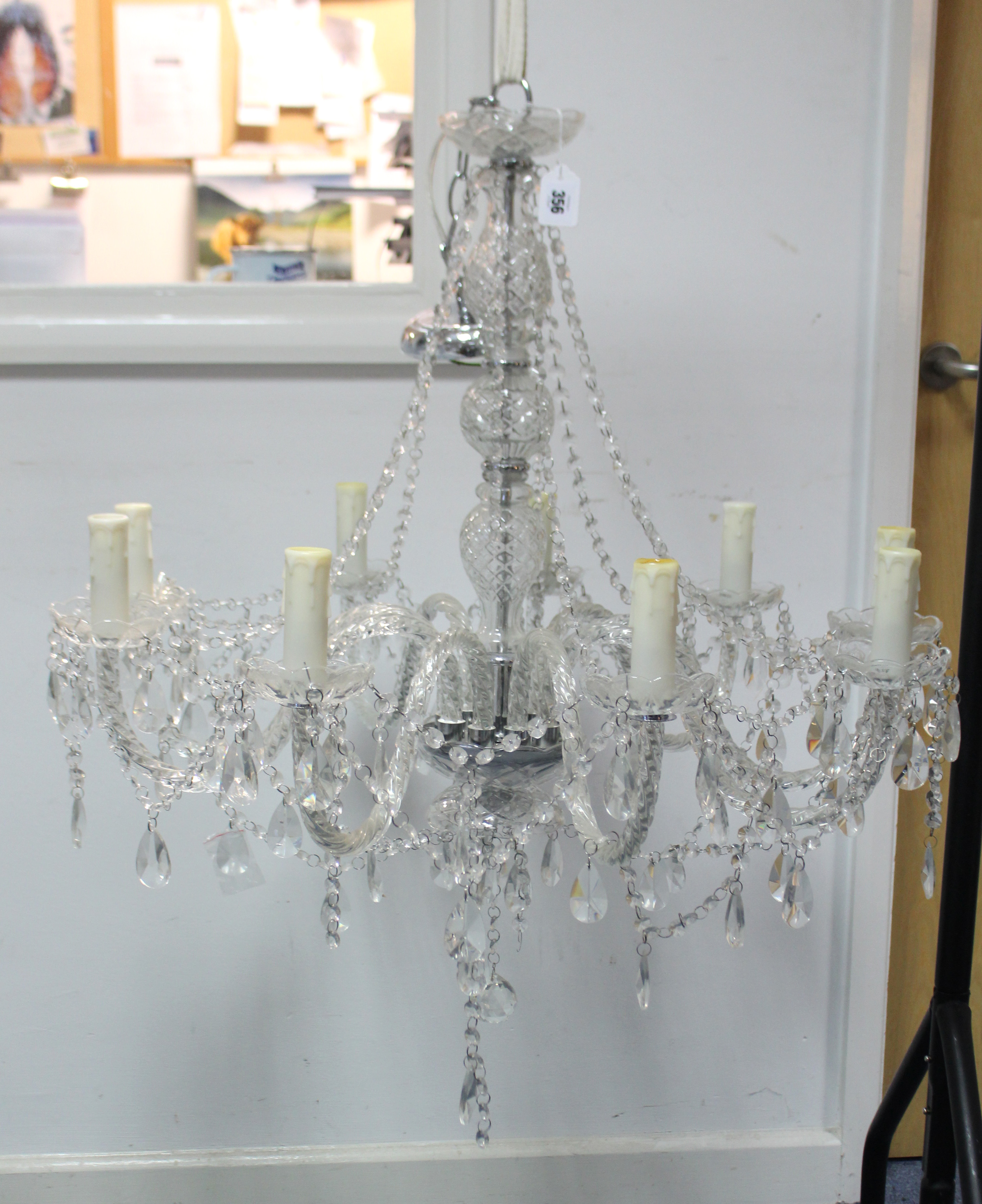 A cut-glass nine branch chandelier, with central baluster column & scroll arms, hung with beads & - Image 2 of 3