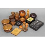 A collection of twenty items of treen, including a yew goblet, burr-maple flat box, dice shaker,