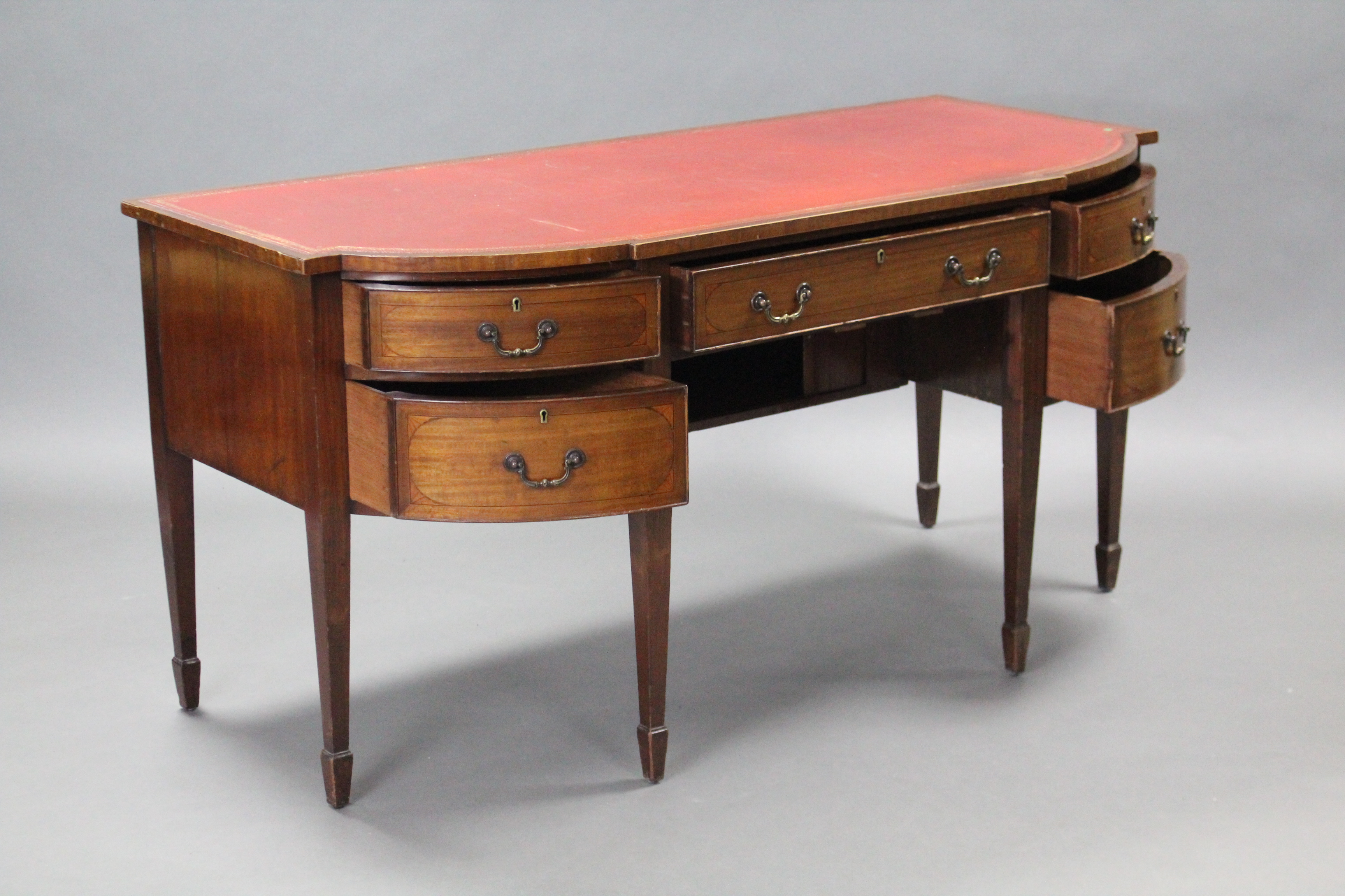 A 19th century mahogany bow-front sideboard, the shaped top inset crimson gilt-tooled leather - Image 2 of 2