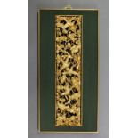A Chinese carved & pierced giltwood panel depicting birds amongst prunus blossom, mounted for wall