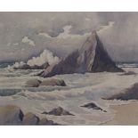 K. AUBREY MOORE (British, 20th century). A rocky outcrop in rough seas, possibly Cornwall. Signed