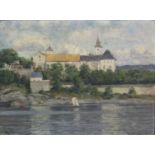 HJALMAR JOHNSSEN (Norwegian 1852-1901). A view of Akershus Fortress from the Oslofjord. Signed &