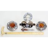 A near pair of Victorian Scottish agate & silver round brooches, each set cairngorm to the centre;