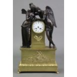 A 19th century LARGE BRONZE & GILT-BRASS FIGURAL MANTEL CLOCK, the 3½” white enamel dial with