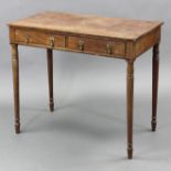 A regency inlaid mahogany side table with plain rectangular top, fitted two frieze drawers with cast