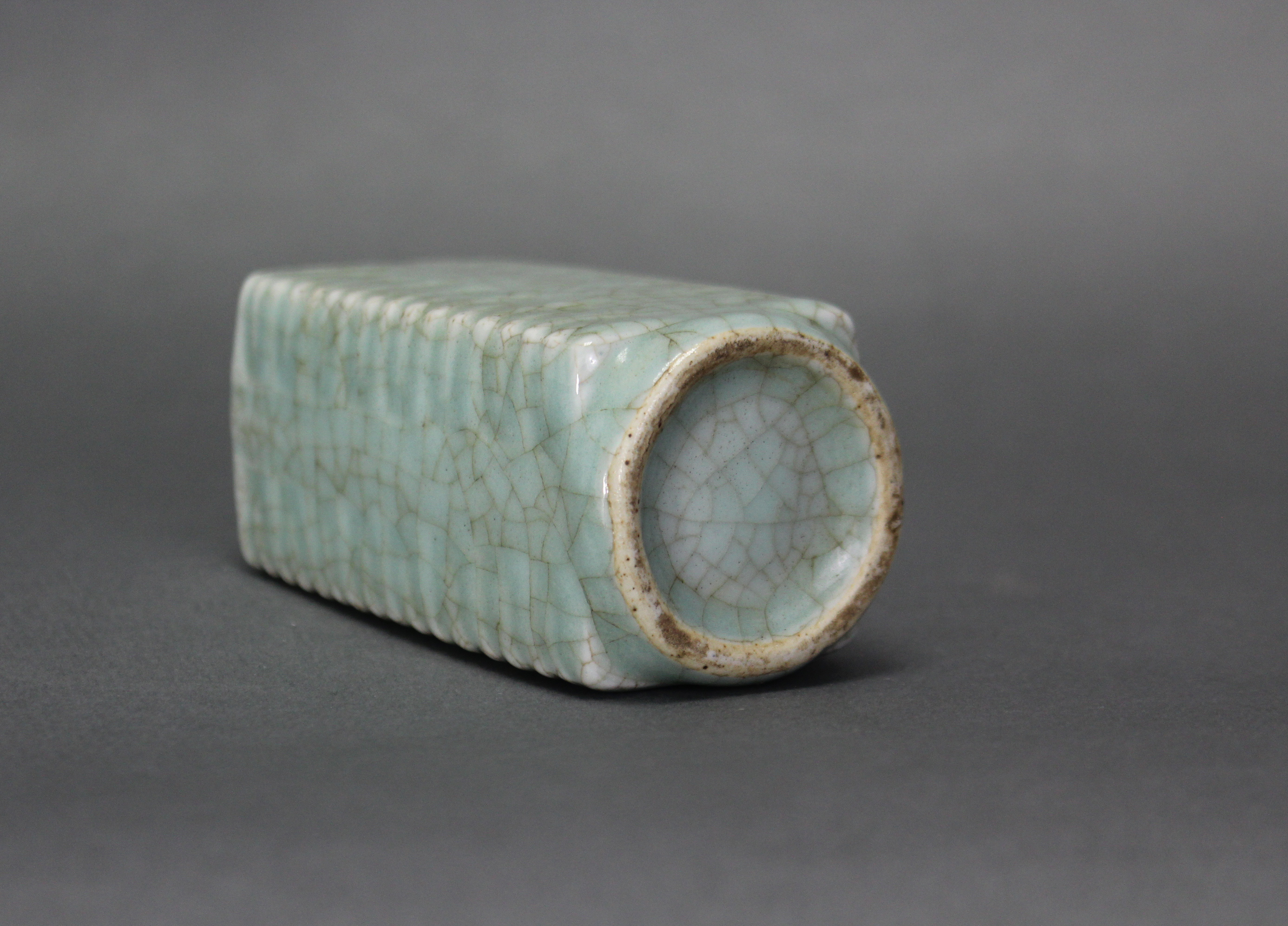 A Chinese porcelain guan-type cong-shaped vase with moulded corners, & pale green crackled glaze; 4” - Image 4 of 4