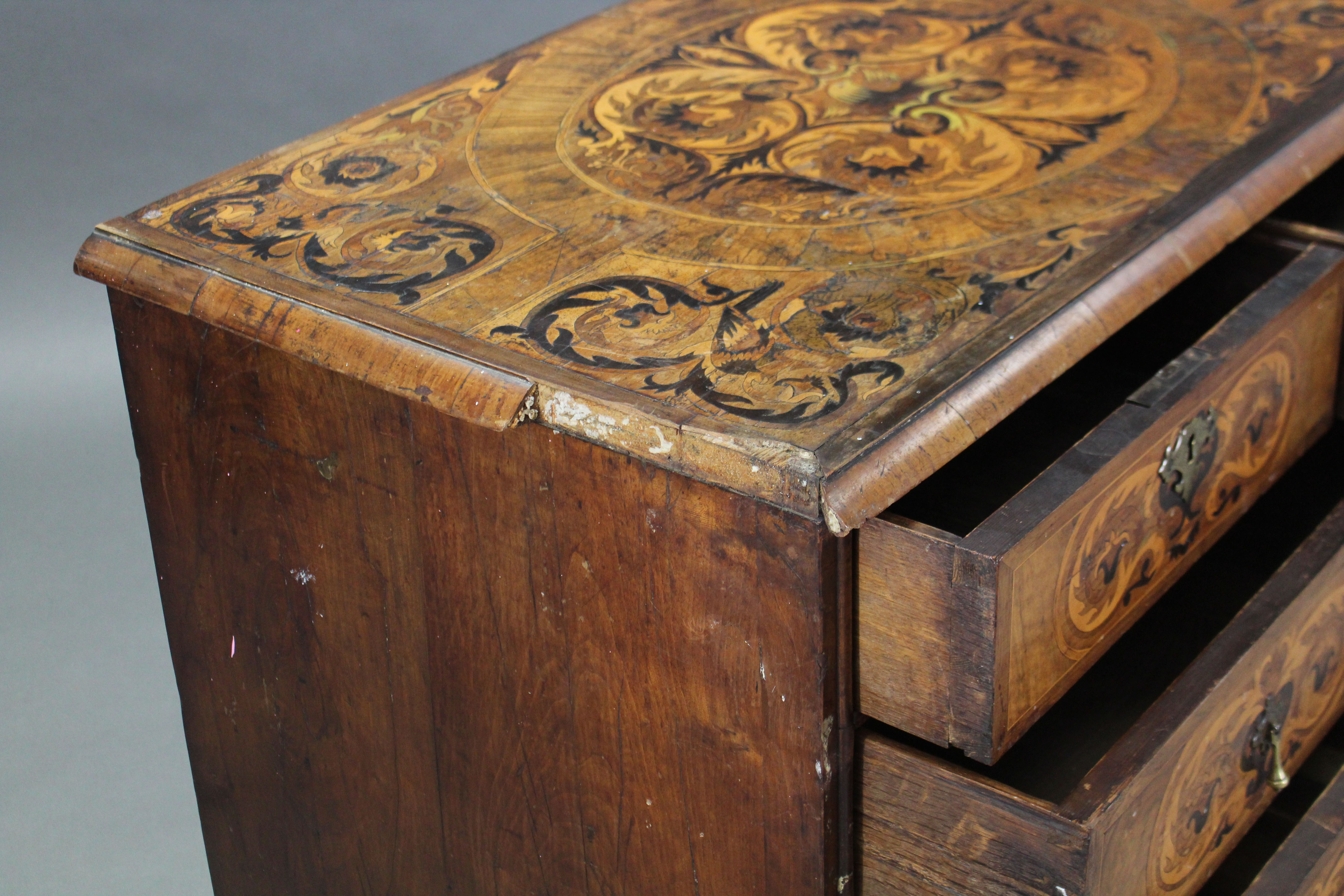 A WILLIAM & MARY WALNUT-VENEERED MARQUETRY CHEST, the quarter-veneered top with moulded edge & - Image 6 of 7