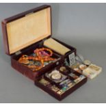 A morocco jewellery box & contents of costume jewellery; & various other items of costume