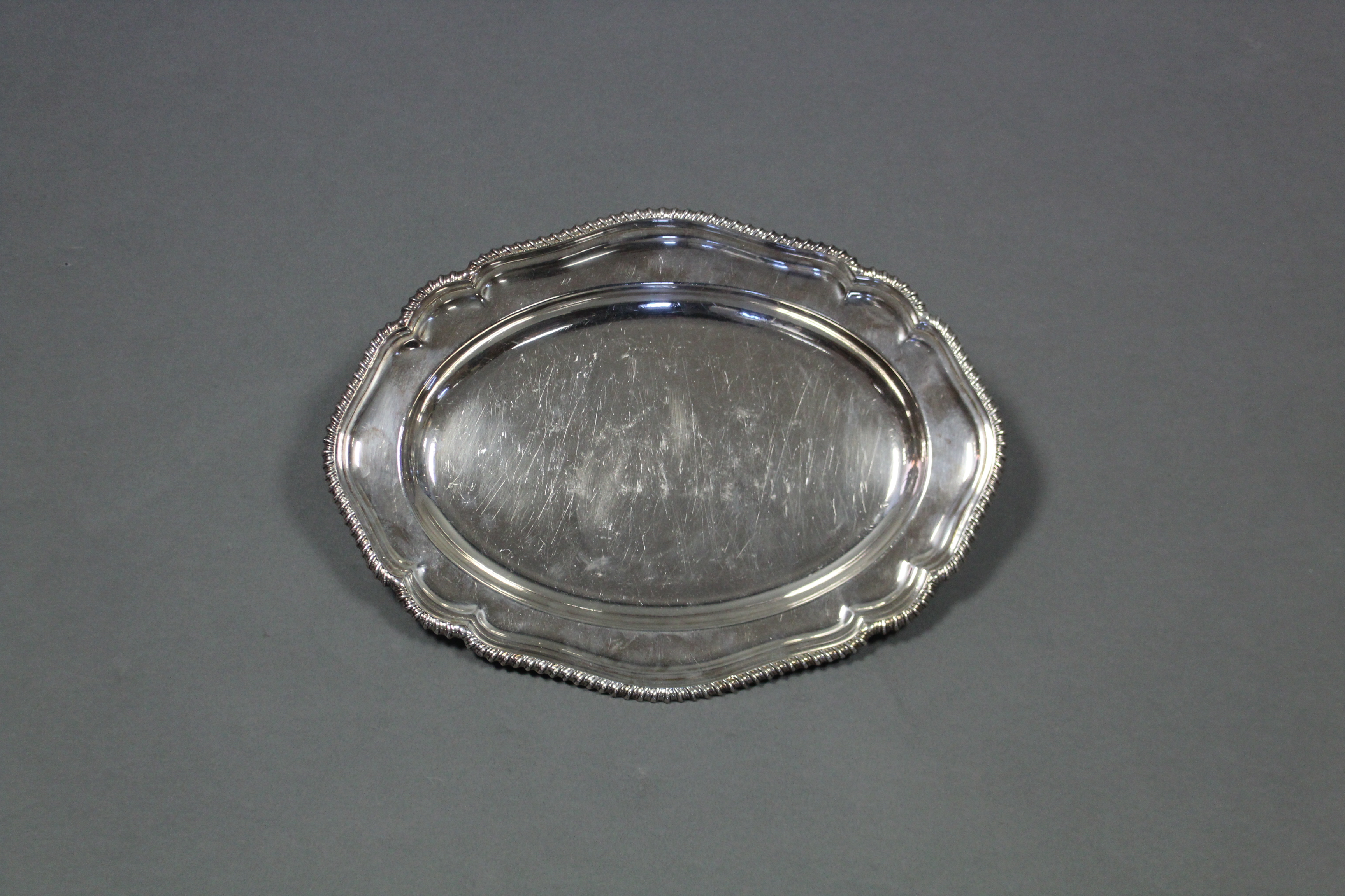 A Sheffield plated oval meat plate with shaped & moulded shell & leaf-scroll rim, an engraved - Image 3 of 3