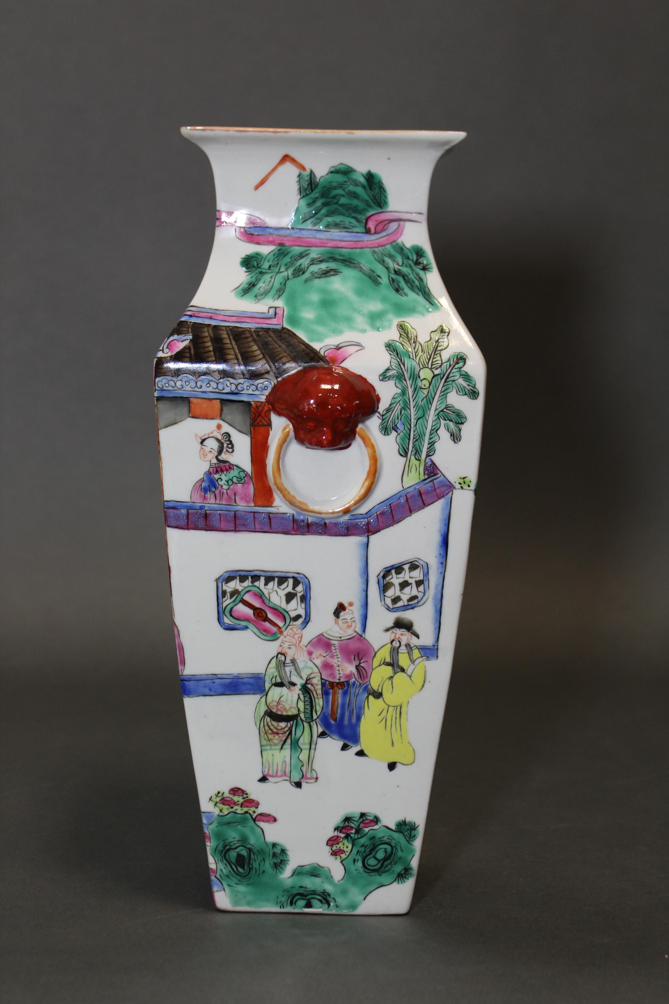 A Cantonese porcelain vase of square tapered form decorated with figure scenes in rose-verte - Image 4 of 5