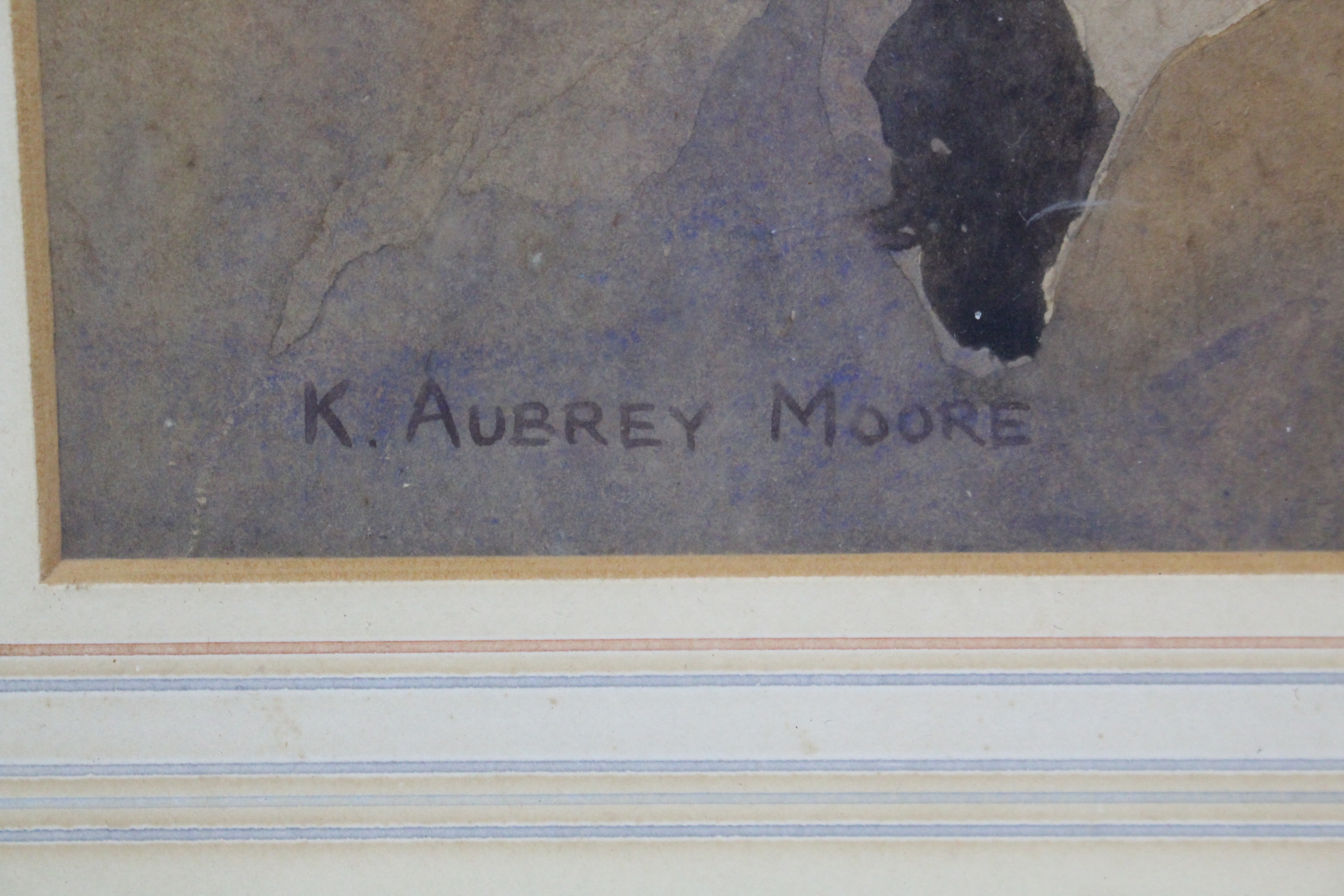 K. AUBREY MOORE (British, 20th century). A rocky outcrop in rough seas, possibly Cornwall. Signed - Image 3 of 3