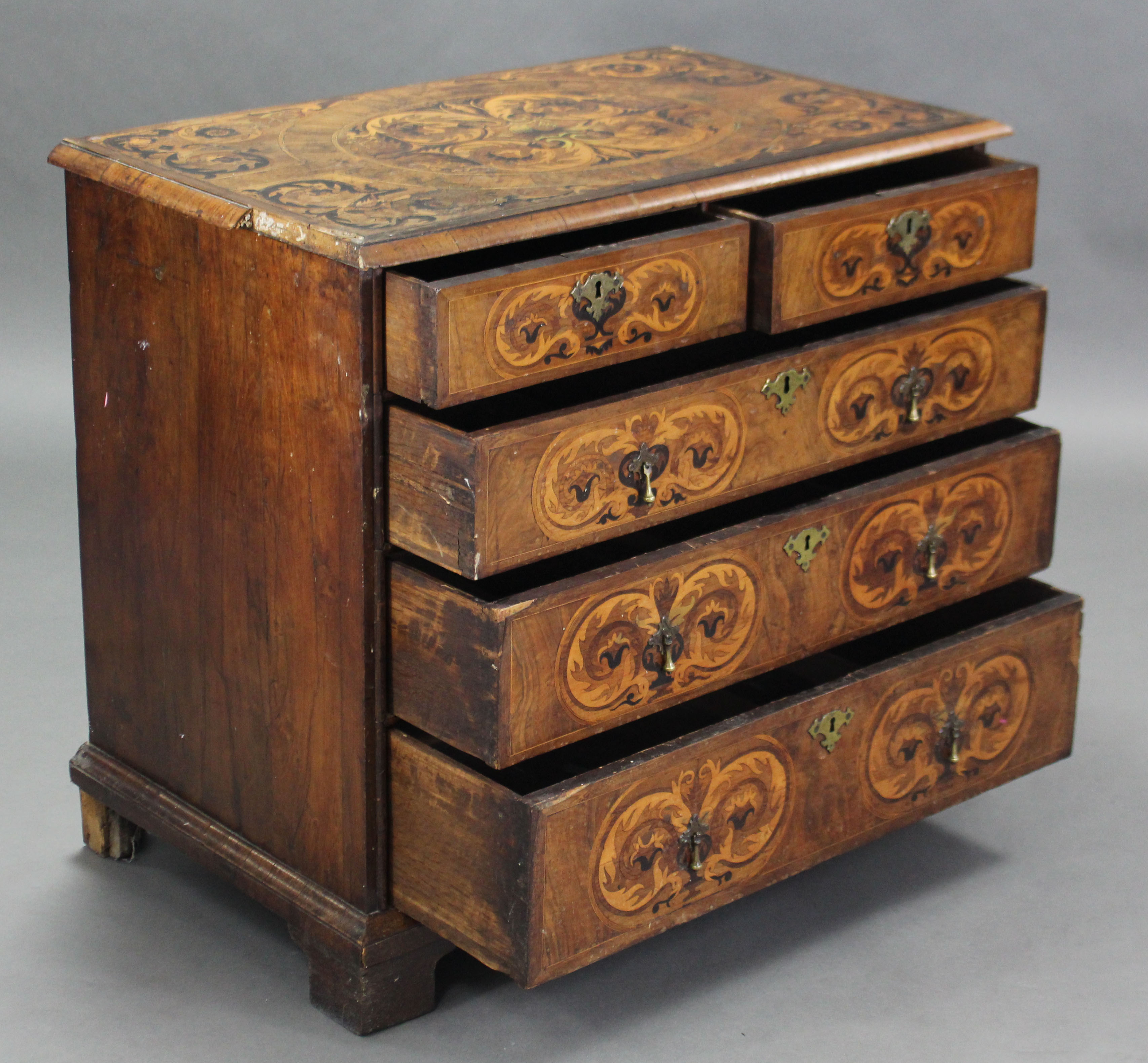 A WILLIAM & MARY WALNUT-VENEERED MARQUETRY CHEST, the quarter-veneered top with moulded edge & - Image 5 of 7