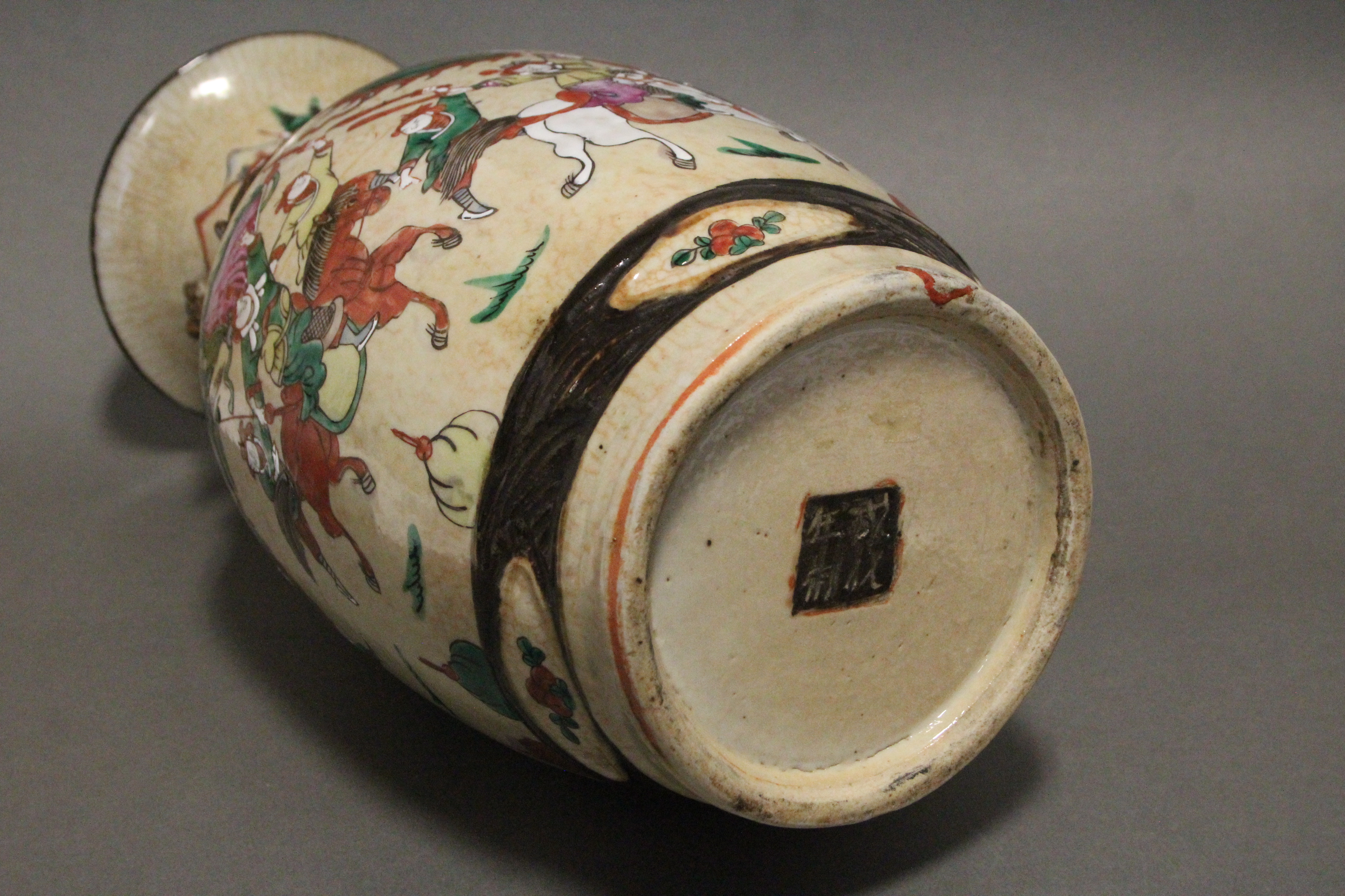 A Chinese “crackleware” baluster vase with rose-verte enamel decoration of warriors on a cream - Image 3 of 3