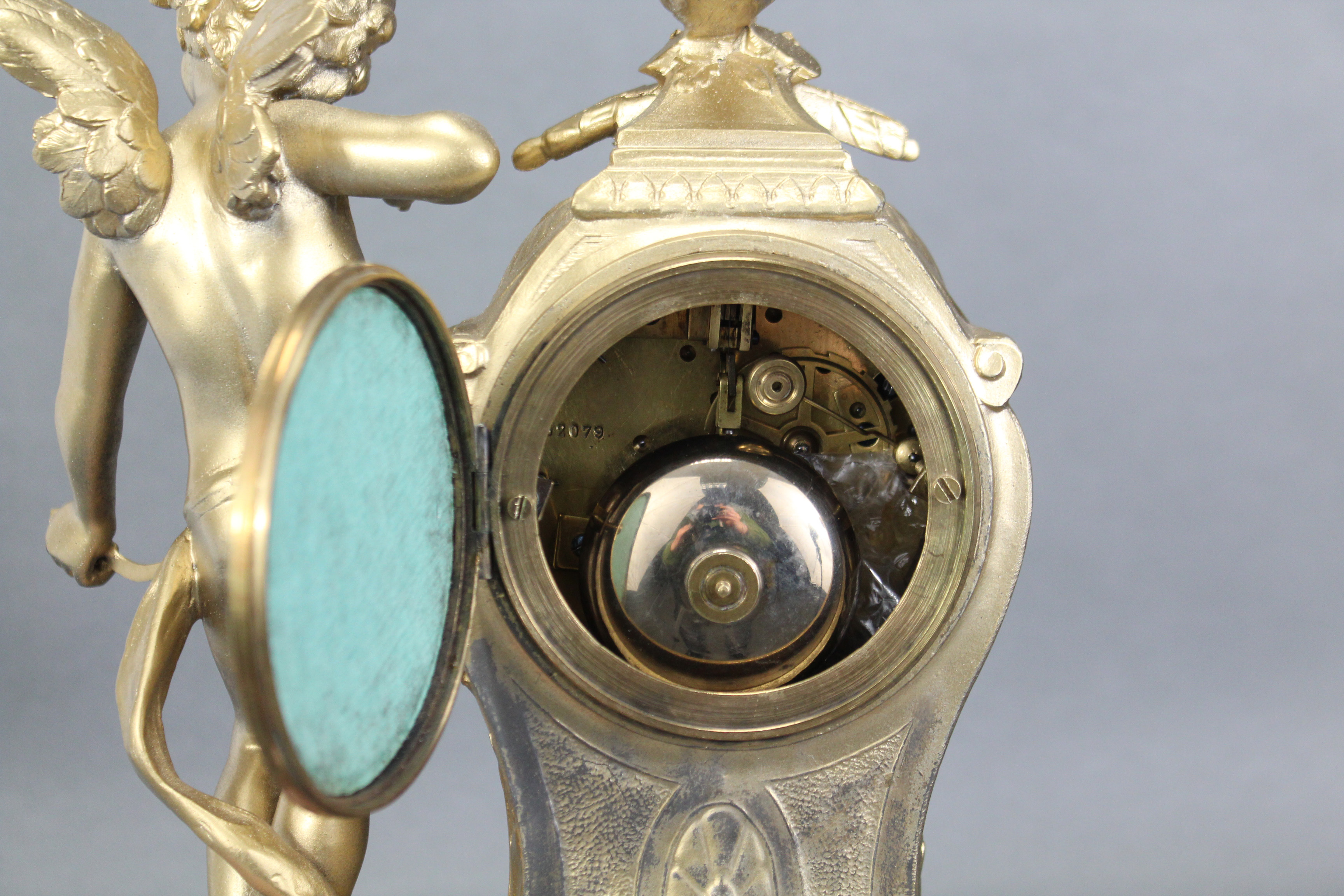 A 19th century French figural mantel clock, the 3” enamel dial with floral decoration & arabic - Image 4 of 4