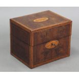 A George III inlaid-mahogany decanter box with marquetry shell to the front & hinged lid, the