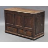 A late 17th century joined oak mule chest, with three-panel front above two short drawers, with