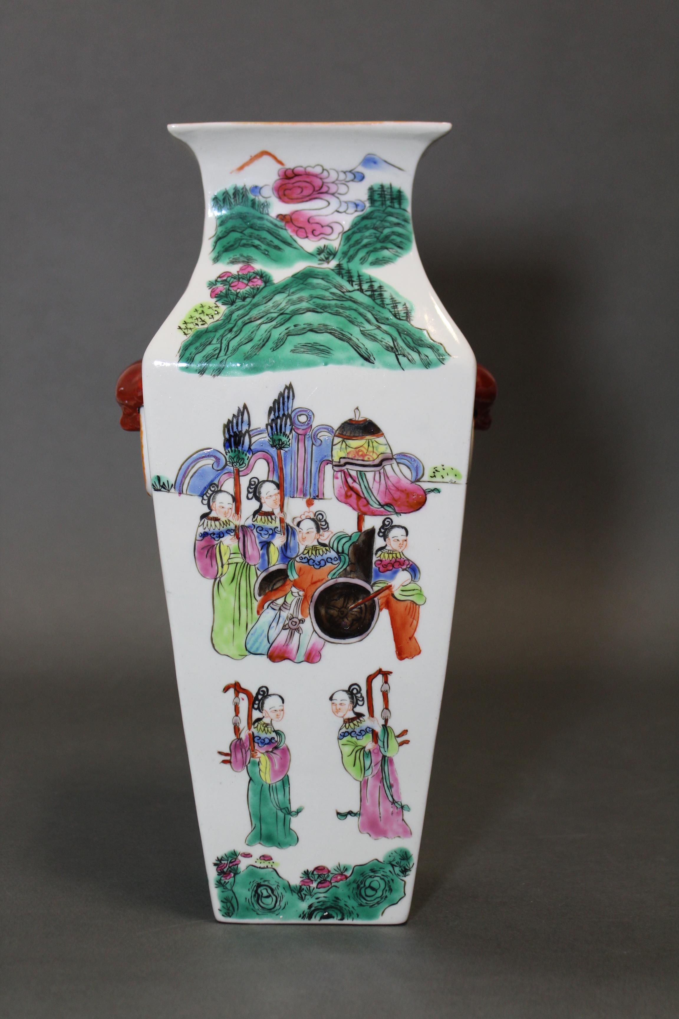 A Cantonese porcelain vase of square tapered form decorated with figure scenes in rose-verte - Image 3 of 5