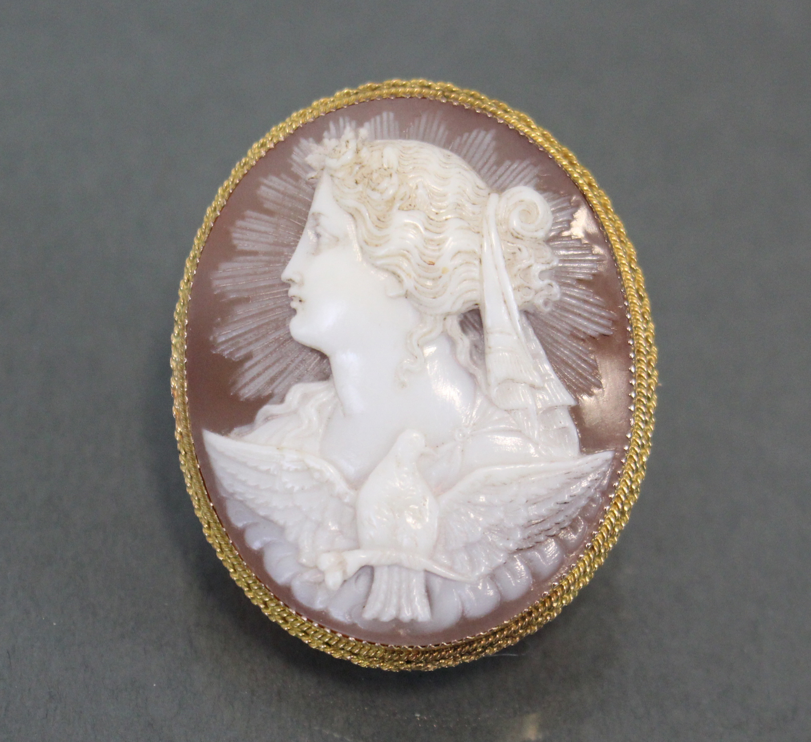 A carved shell oval cameo brooch depicting a classical female bust & a dove with wings spread, 1?” x