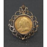 A Victorian sovereign pendant, the coin dated 1893, in later 9ct. gold loose mount with open