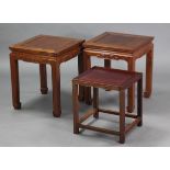 A pair of Chinese hardwood square occasional tables with carved friezes & on square legs, 16” wide x