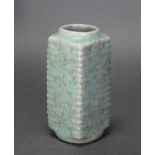 A Chinese porcelain guan-type cong-shaped vase with moulded corners, & pale green crackled glaze; 4”