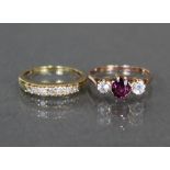 An 18ct. gold ring set row of seven small diamonds, size: L/M (2.4gm); & another gem-set ring (un-