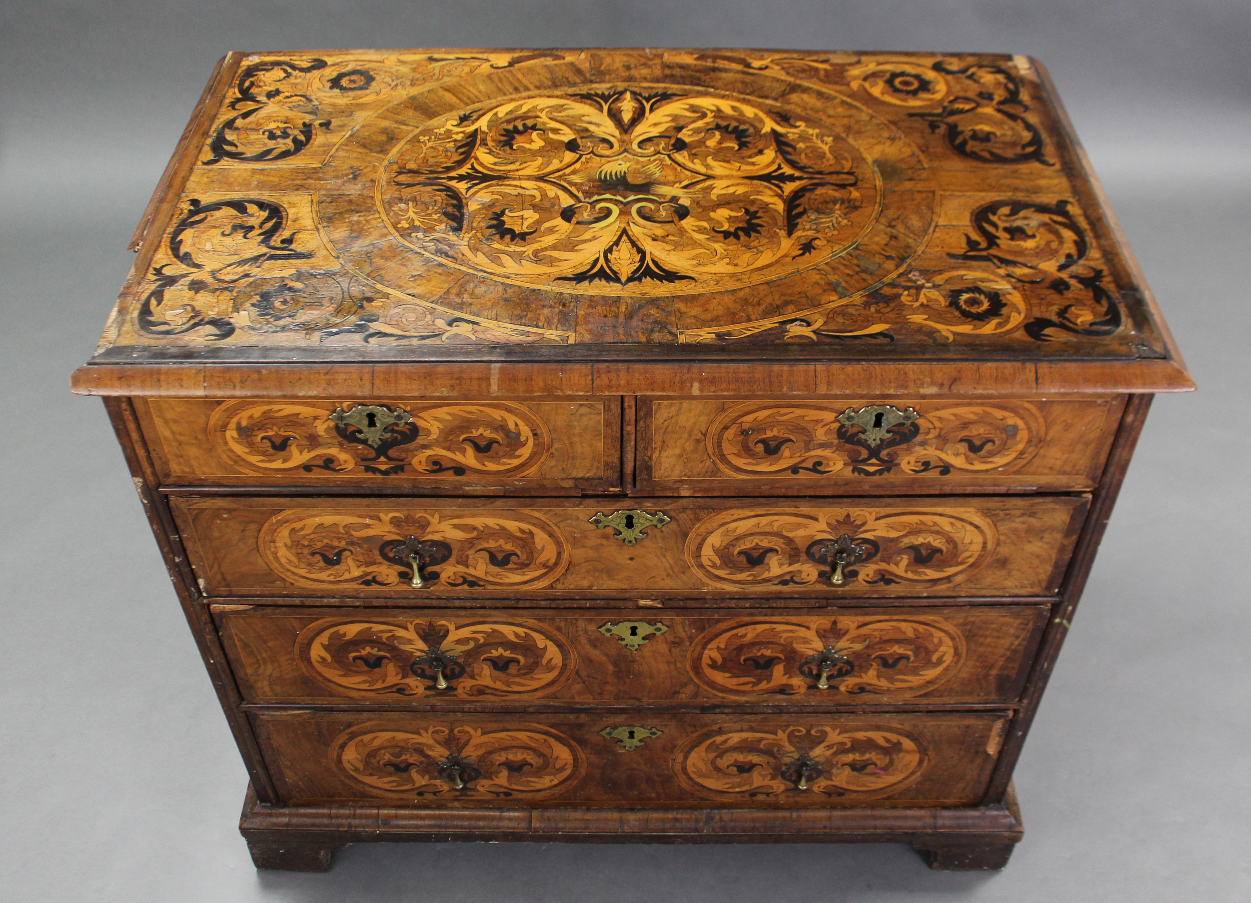 A WILLIAM & MARY WALNUT-VENEERED MARQUETRY CHEST, the quarter-veneered top with moulded edge & - Image 2 of 7