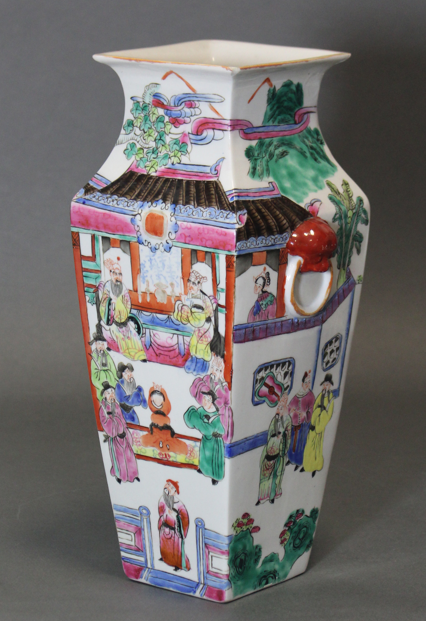 A Cantonese porcelain vase of square tapered form decorated with figure scenes in rose-verte