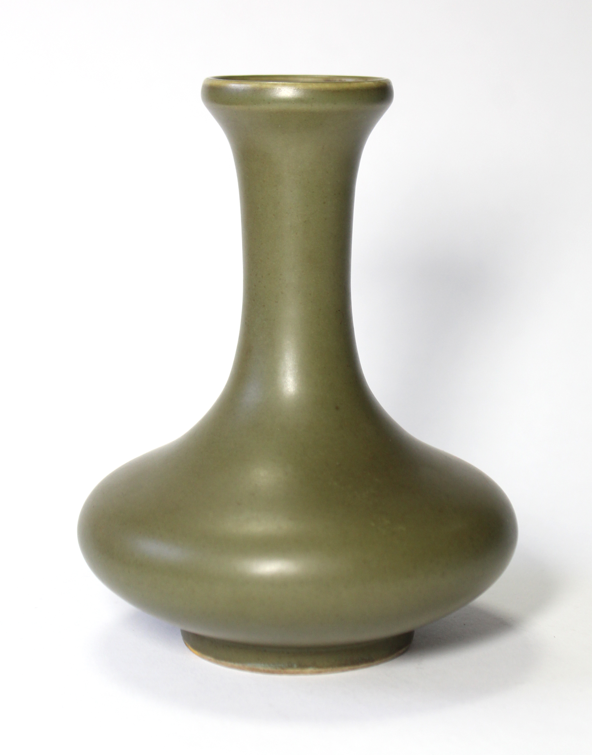 A CHINESE PORCELAIN TEADUST GLAZED VASE, the squat round body with tall narrow neck & slightly