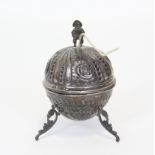 A late Victorian silver string box, of ovoid form & with embossed rococo scroll decoration, the