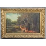 ENGLISH SCHOOL, 19th century. A woodland scene with deer & stag watering. Oil on board: 9” x 14½”; &