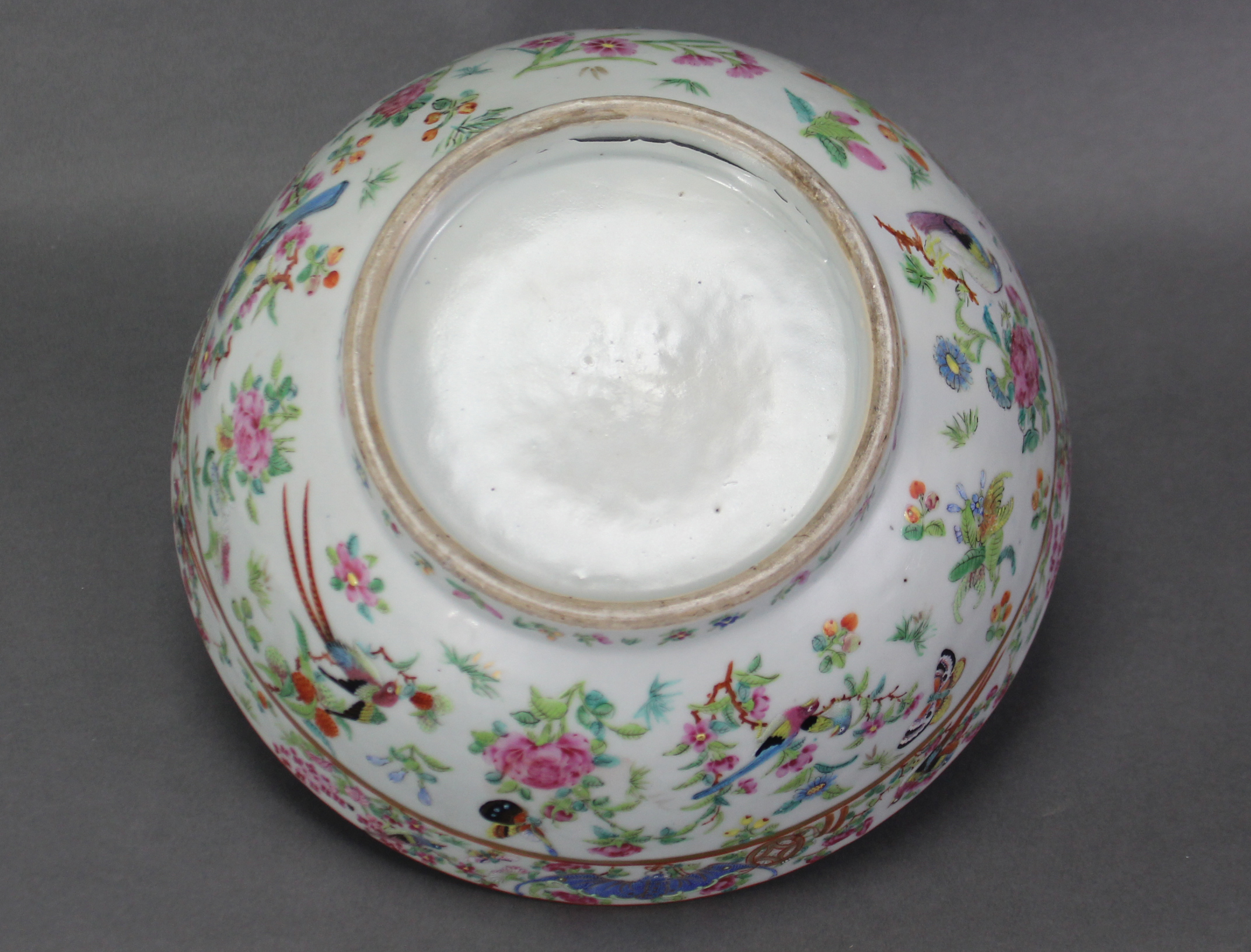 A 19th century Cantonese porcelain punch bowl, of celadon ground & with all-over famille rose - Image 7 of 7