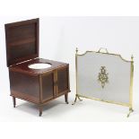 A brass frame fire screen inset mesh front, 26¼” wide; together with a mahogany box commode, 19½”