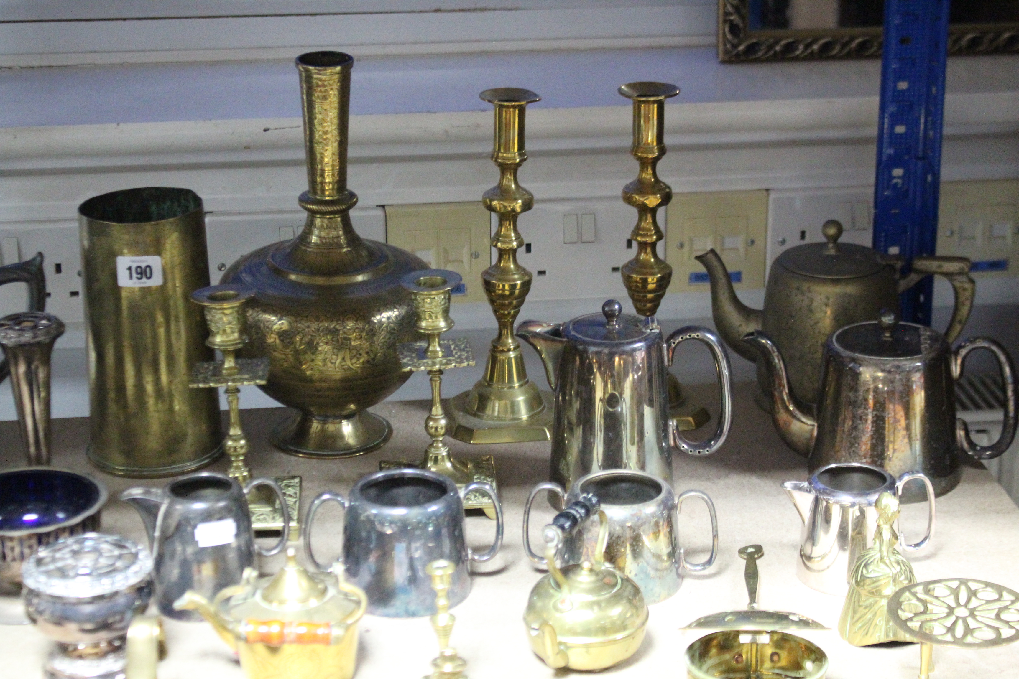 Two pairs of brass candlesticks, 10”, & 6” high; & various other items of metalware & plated ware. - Image 2 of 4