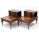 A pair of mahogany two-tier bedside tables, each table fitted three small drawers to the upper tier,