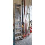 An aluminium folding step ladder; & various garden tools.