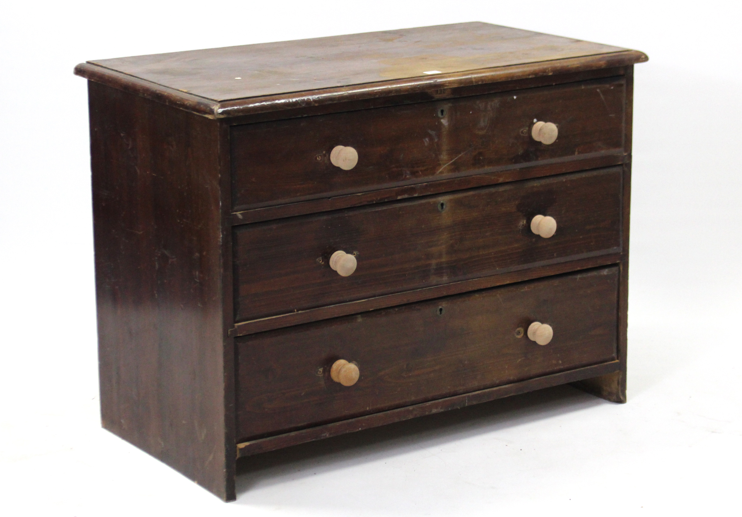 A pine small chest, fitted two short & two long graduated drawers with turned knob handles, 41” wide